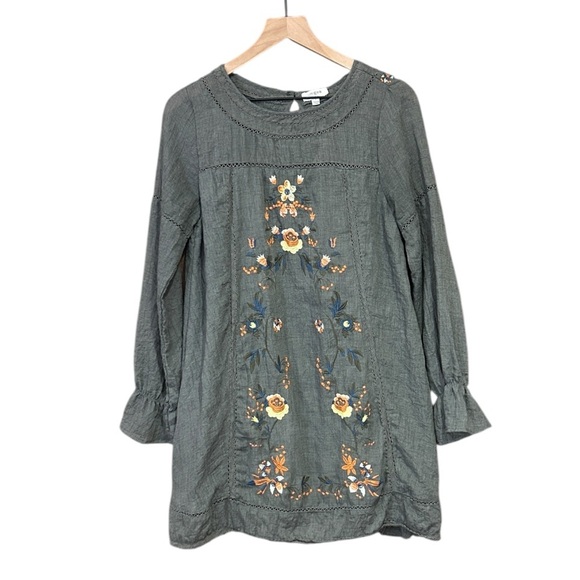 Umgee Women's Bohemian Embroidered Long Sleeve Dress  Olive Size Small - Picture 3 of 9